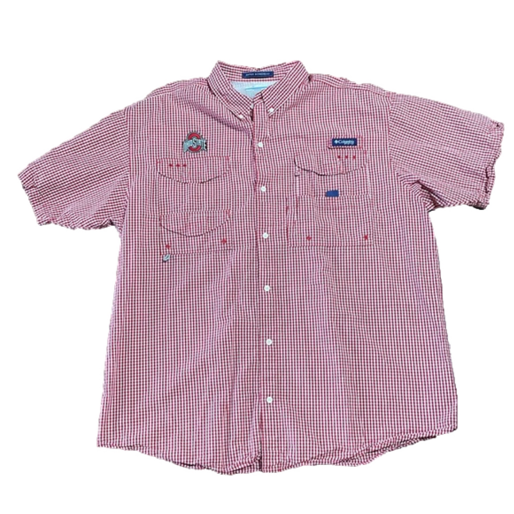 Columbia Super Bonehead Ohio State Red Plaid Fishing Shirt Button Up Size XL